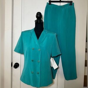 VINTAGE NWT 100% SILK Teal Women's Blazer Top & Pants Set